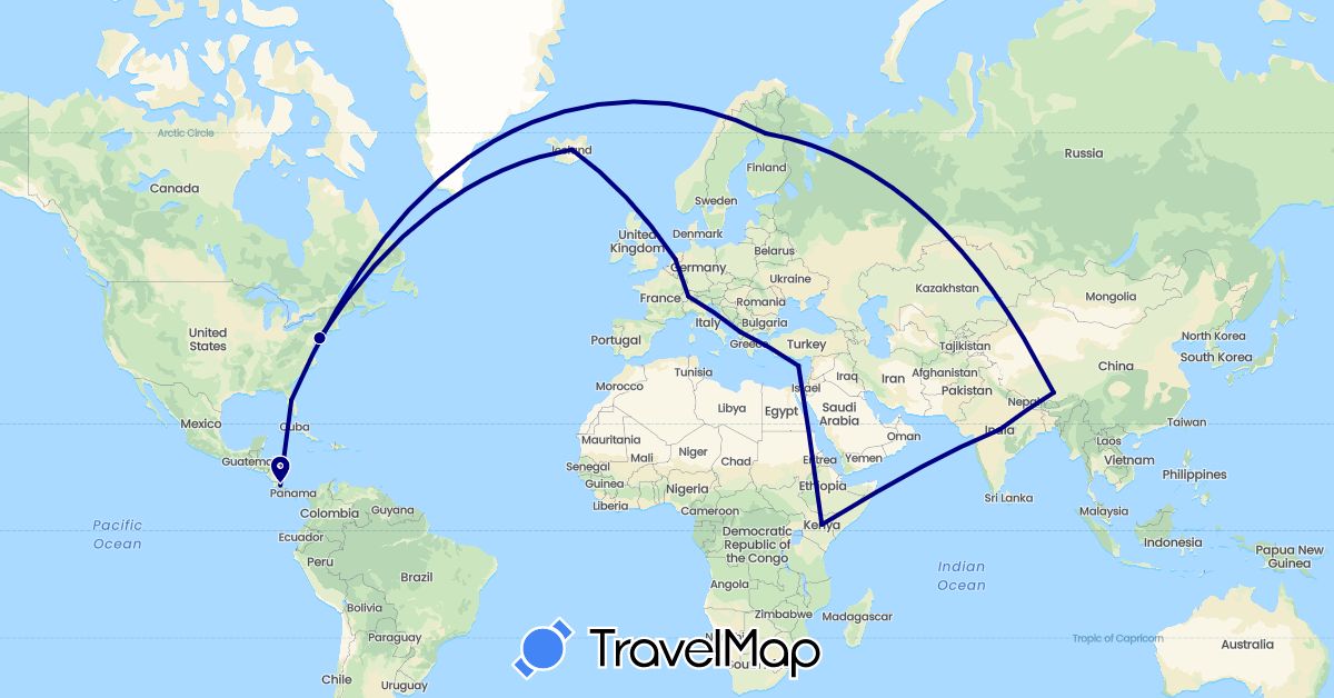 TravelMap itinerary: driving in Albania, Switzerland, China, Costa Rica, Cyprus, Finland, India, Iceland, Kenya, Netherlands, United States (Africa, Asia, Europe, North America)